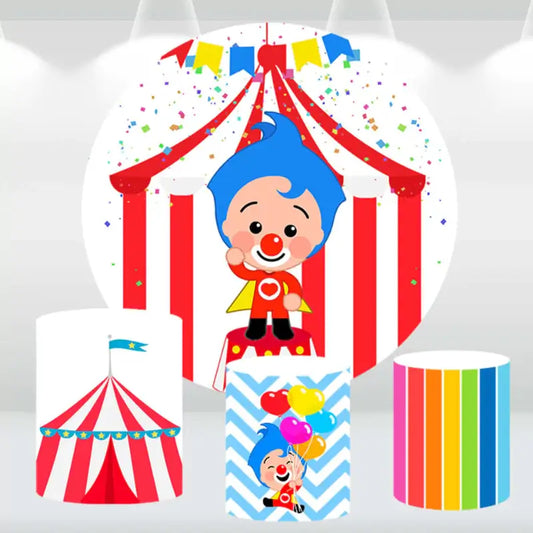 Circus-themed party backdrop with a colorful clown and matching cylinder covers featuring a circus tent and bright patterns.