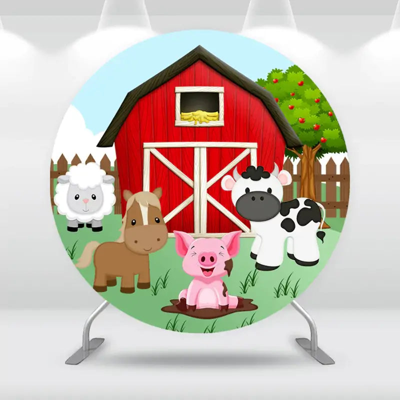 Round backdrop featuring a red barn with farm animals, including a cow, pig, horse, and sheep.