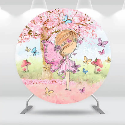 Round fairy garden backdrop featuring a whimsical fairy in a pink dress, surrounded by butterflies and mushrooms under a cherry blossom tree.