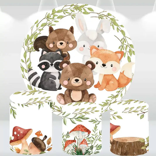 Forest creatures-themed baby shower backdrop with cute illustrations of woodland animals and nature elements.