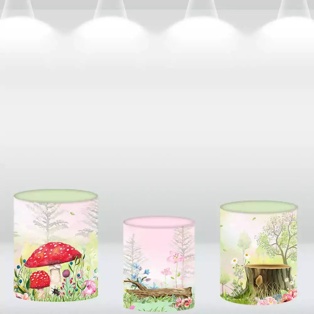 Set of three woodland-themed cylinder covers featuring mushrooms, trees, and forest animals for party decoration.