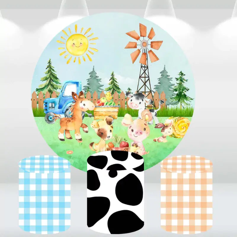 Farm-themed round backdrop featuring cute farm animals, a windmill, and a sunny day, paired with three matching cylindrical pedestal covers in cow print and gingham patterns.