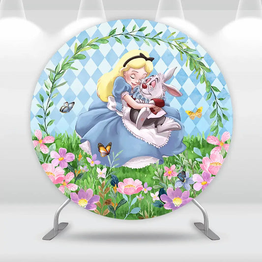 Alice in Wonderland birthday party backdrop featuring Alice, the White Rabbit, and floral garden