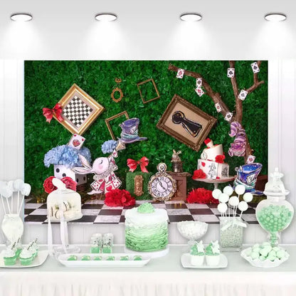 Alice in Wonderland tea party backdrop with whimsical decorations, including playing cards, teacups, and clocks.