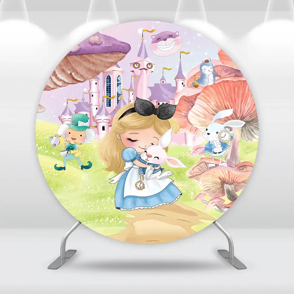 Alice in Wonderland-themed birthday backdrop with castle, characters, and magical setting