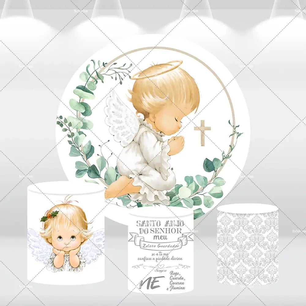 Praying angel backdrop with religious-themed cylinder covers for christening decoration.