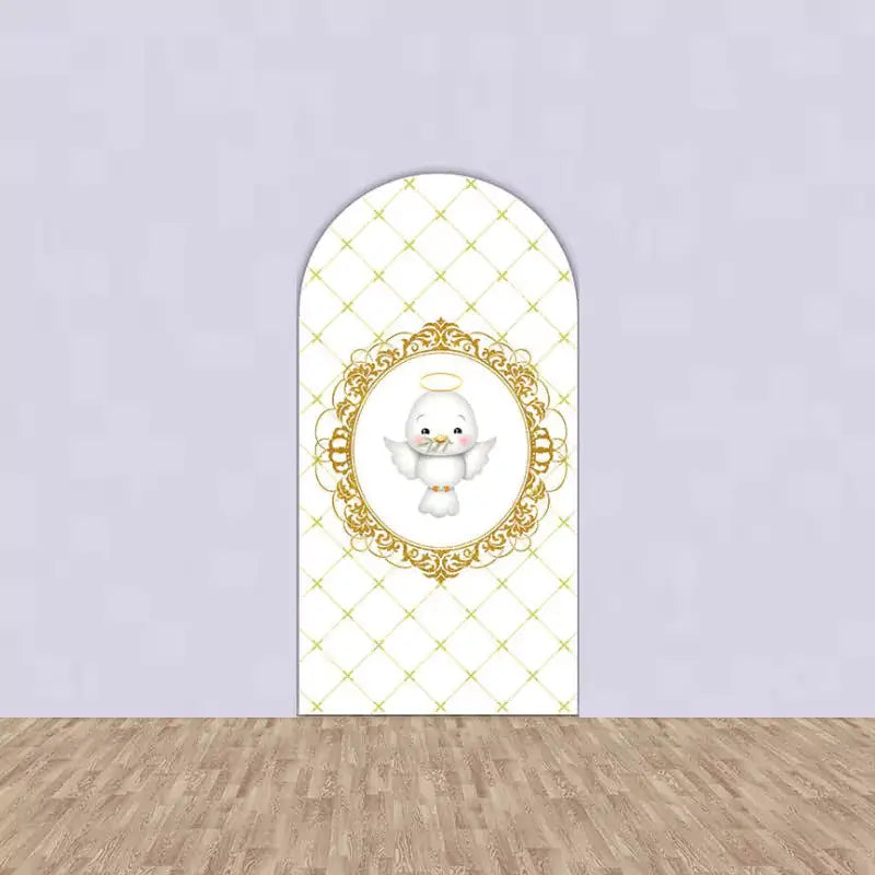 Arched backdrop featuring a white dove with a halo, surrounded by a decorative gold frame on a white patterned background.