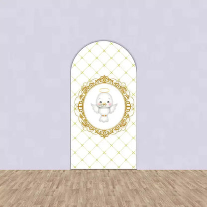 Arched backdrop featuring a white dove with a halo, surrounded by a decorative gold frame on a white patterned background.