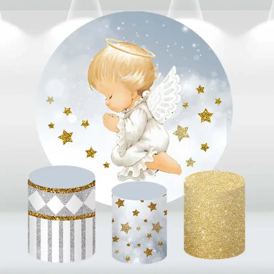 Praying angel-themed round backdrop with gold stars and matching three cylinder pedestal covers in gold and silver patterns.