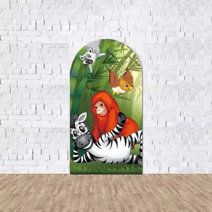 Arched jungle-themed backdrop with zebra, monkey, and owl illustrations in a bamboo forest setting.