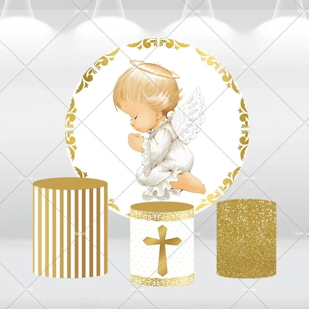 Angel baby christening backdrop with gold-themed cylinder covers for religious events.