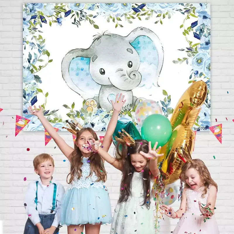 Adorable baby elephant party banner with soft blue roses and greenery, featuring a sweet cartoon elephant with heart detail – ideal for boys’ birthday decor.