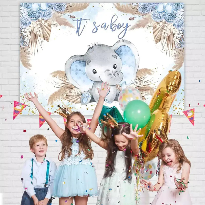 Blue and beige baby boy shower banner with watercolor elephant, gold glitter elements, and elegant florals – perfect for baby shower party decor