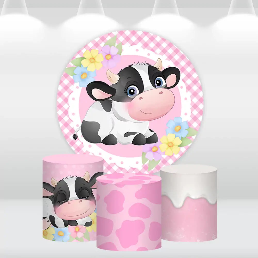 Pink cow-themed round backdrop and cylinder cover set for baby showers and birthday party decorations.