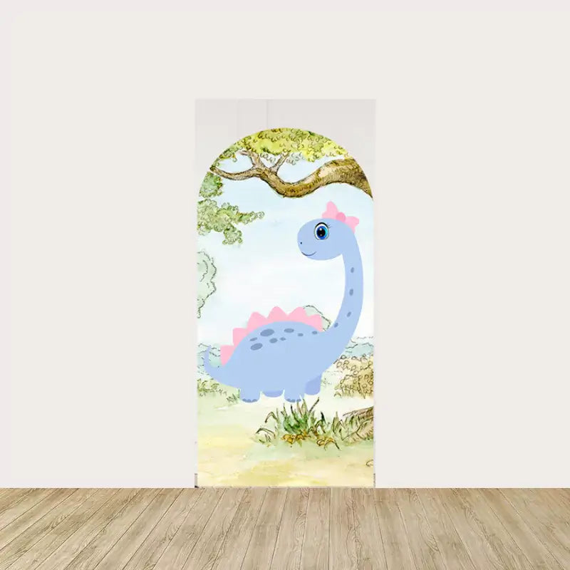 Blue cartoon dinosaur with a pink bow, standing in a lush landscape, adding a cute and whimsical element to the dinosaur theme.