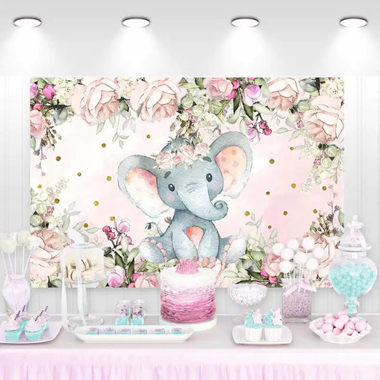 Adorable cartoon elephant surrounded by roses and greenery on a pink background.