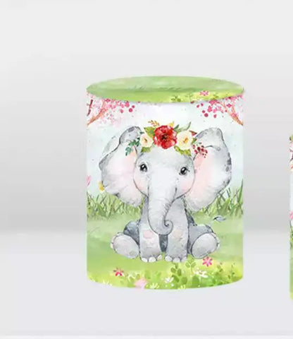 cute baby elephant backdrop cylinder cover with floral crown in jungle scene