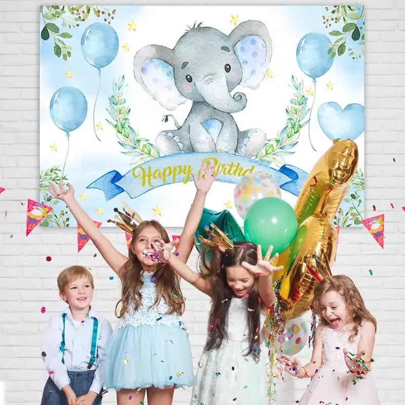 Adorable elephant birthday backdrop featuring a cartoon elephant with blue and green decorations, balloons, and ‘Happy Birthday’ banner.