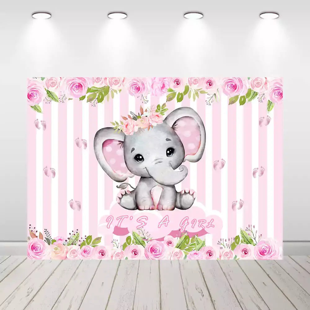 Cute baby elephant with floral crown and pink stripes backdrop for a baby girl shower.