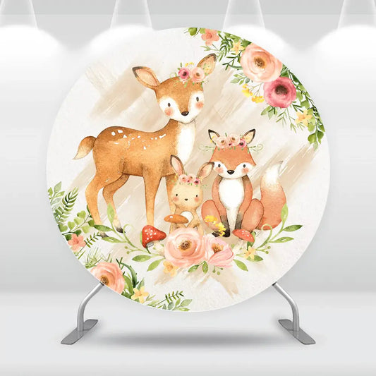 Woodland animal party backdrop with deer, fox, and bunny surrounded by pink florals.