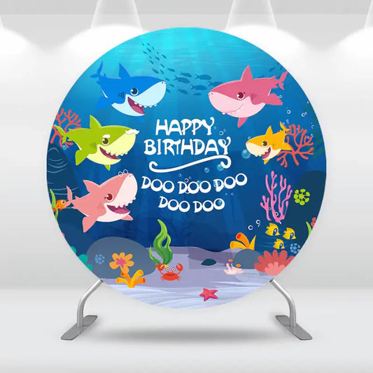 Round Baby Shark birthday backdrop with cartoon sharks, coral reef, and the phrase ‘Doo Doo Doo’ – perfect for kids' ocean-themed party