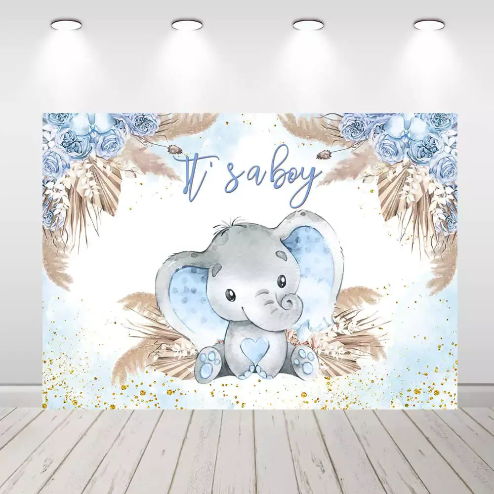 Baby shower backdrop with "It’s a Boy" text and elephant design, perfect for celebrating the arrival of a baby boy.