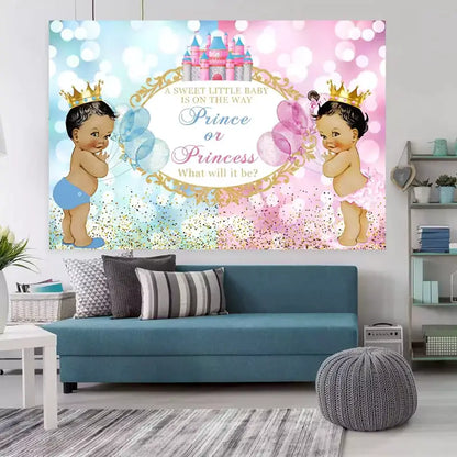 Adorable gender reveal backdrop with a baby, crown, and pink and blue color scheme – ideal for celebrating a prince or princess announcement.