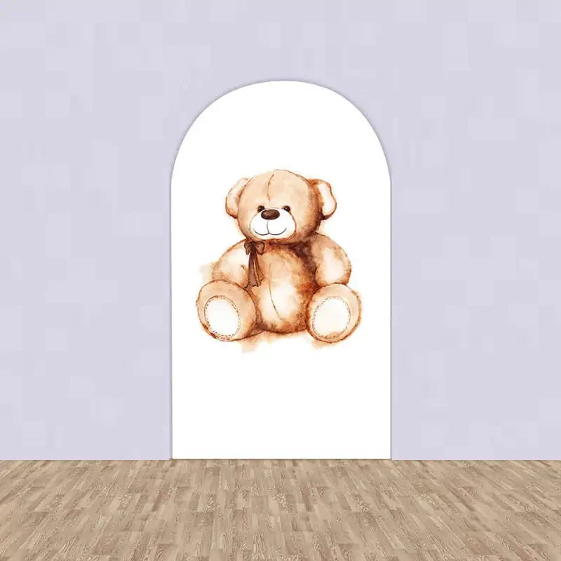 White arched backdrop featuring a watercolor teddy bear illustration in the center.