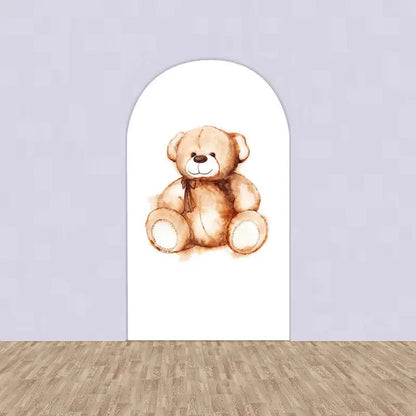 White arched backdrop featuring a watercolor teddy bear illustration in the center.