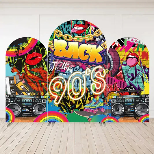 Bold and vibrant graffiti backdrop with 'Back to the 90s' text, retro boombox, and skate elements for a nostalgic party.