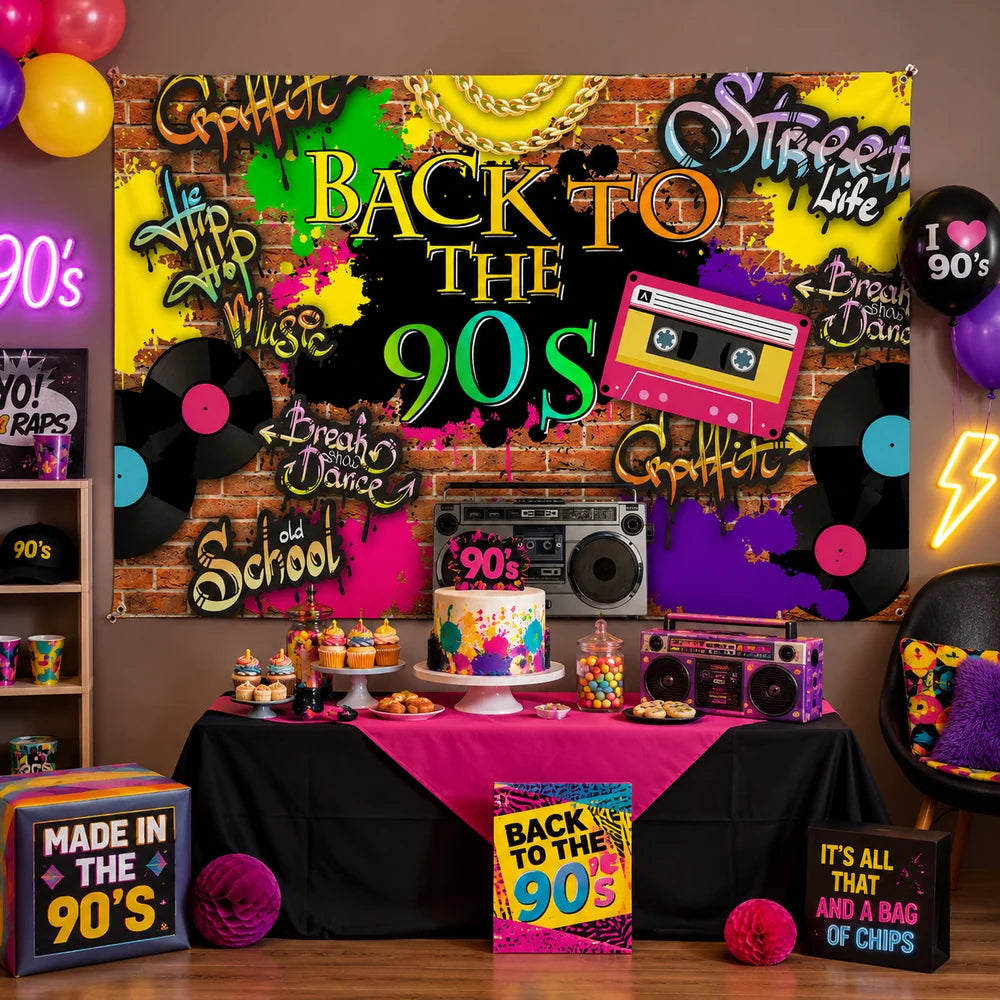 Colorful Back to the 90s party backdrop with graffiti brick wall, cassette tape, vinyl records, boombox and hip hop decorations.