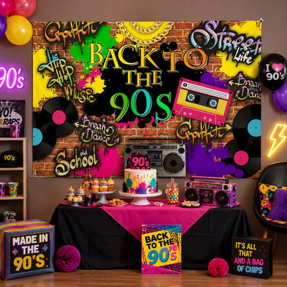 Colorful Back to the 90s party backdrop with graffiti brick wall, cassette tape, vinyl records, boombox and hip hop decorations.