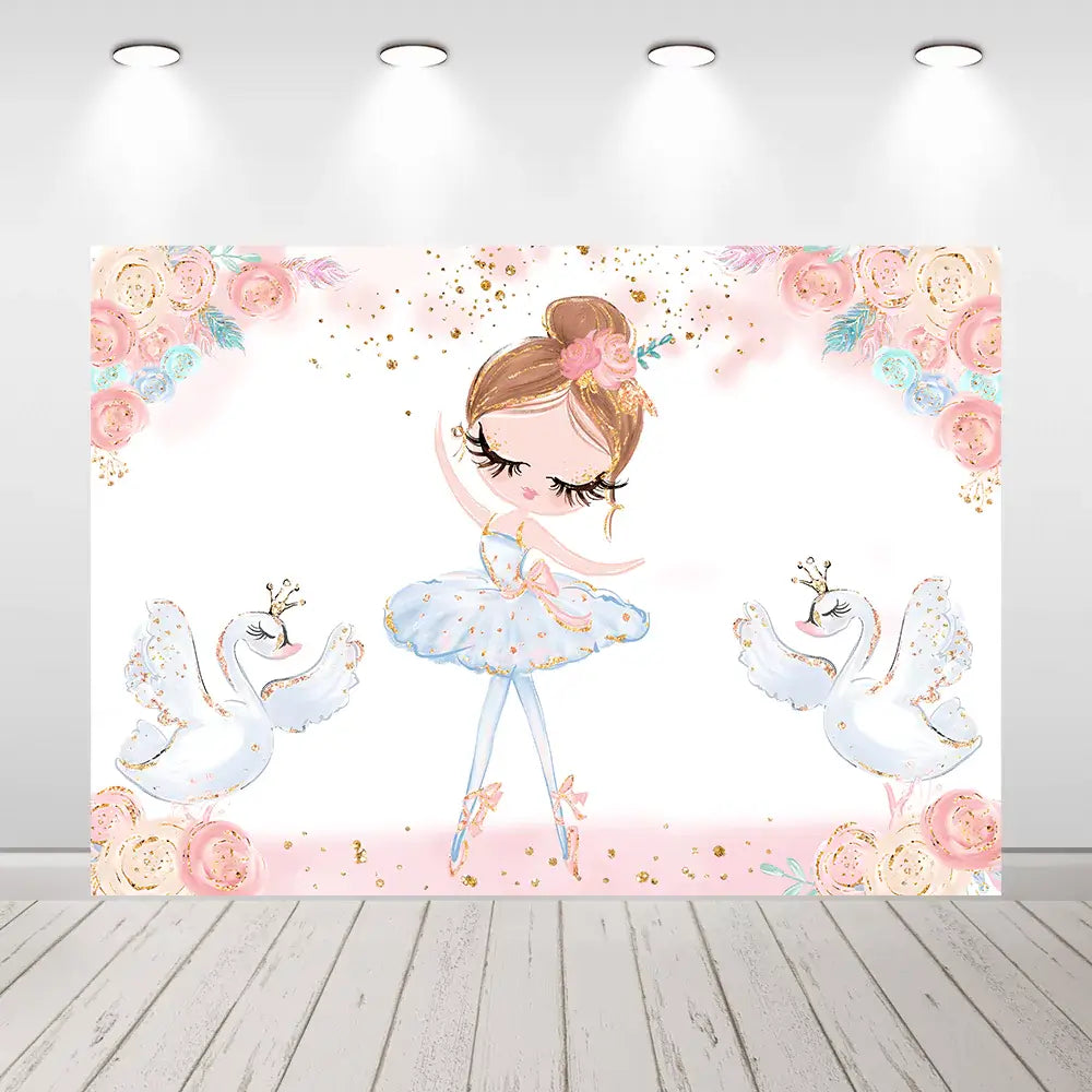 Elegant ballerina birthday backdrop with a girl and swans, perfect for dance-themed celebrations.