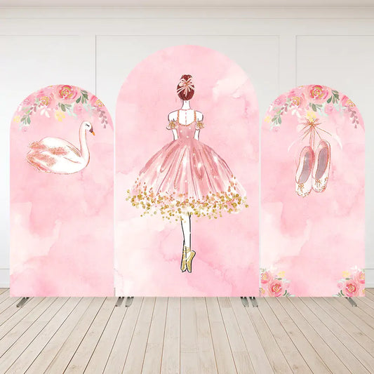 Backdrop featuring a ballerina in a pink dress, ballet shoes, and a swan on a soft pink background, perfect for ballet-themed events.
