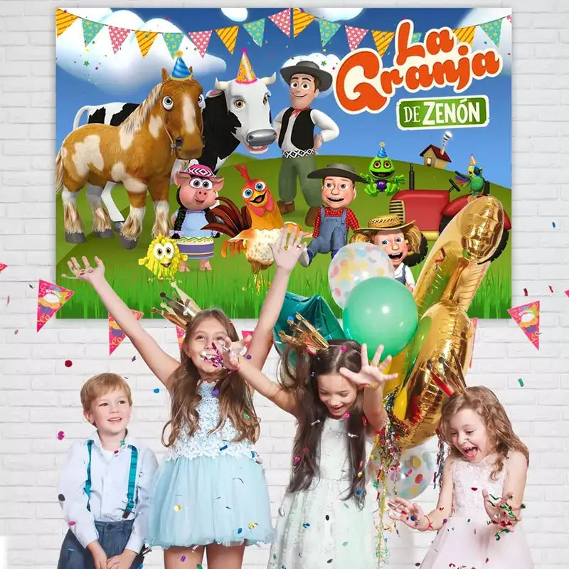 Children’s farm-themed party backdrop with vibrant characters from the barnyard, including pigs and a rooster, celebrating in a grassy field.