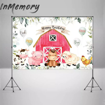 Barnyard themed Happy Birthday party banner featuring watercolor animals and balloons.
