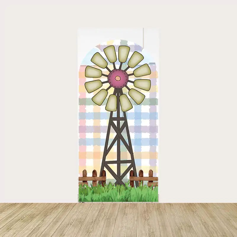 Left backdrop with a vintage windmill, wooden fence, and pastel gingham background, adding a rustic farm vibe.