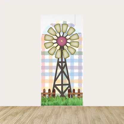 Left backdrop with a vintage windmill, wooden fence, and pastel gingham background, adding a rustic farm vibe.