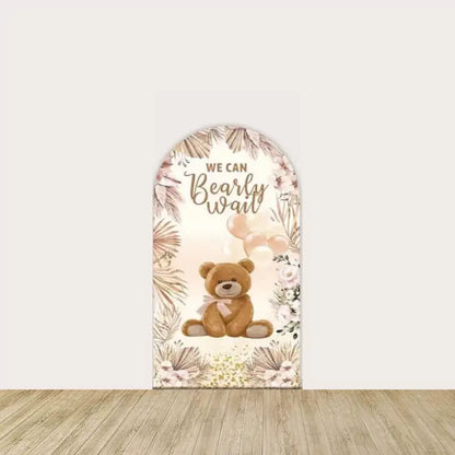 Right panel with “We Can Bearly Wait” script, teddy bear, soft gold balloons, and pampas floral accents—sweet and cozy for shower decor.