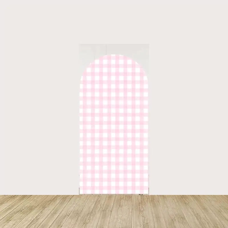 A soft pink gingham backdrop, complementing the bee theme with a gentle color contrast.