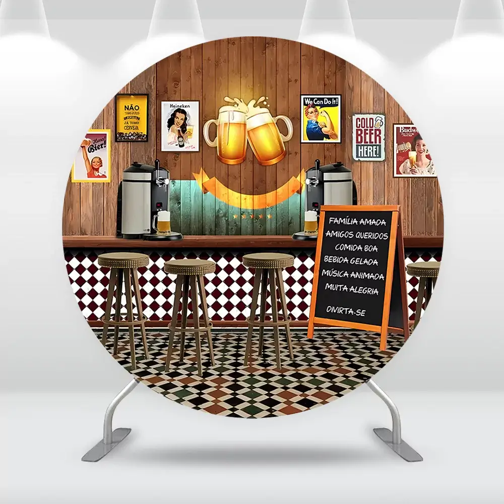 Round backdrop featuring a bar and pub theme with beer mugs, vintage signs, and stools, perfect for casual parties and Boteco-style celebrations.