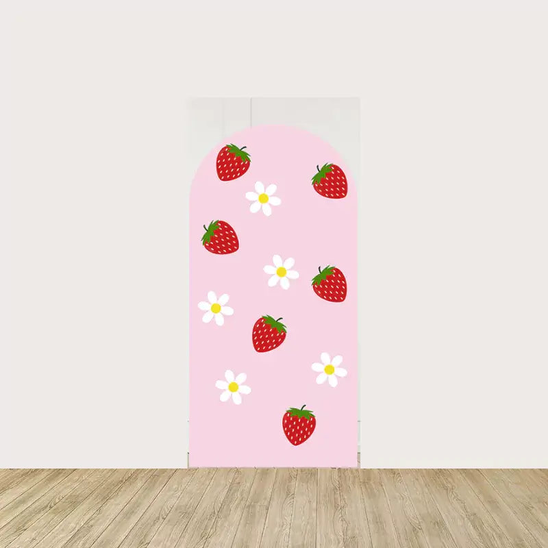 Pink background adorned with red strawberries and white daisies, enhancing the berry garden vibe.