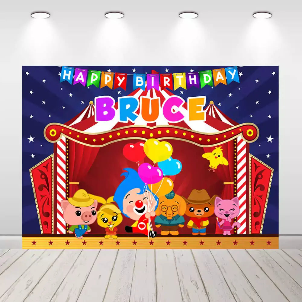 Circus-themed happy birthday backdrop with vibrant colors and festive design for kids' birthday parties.