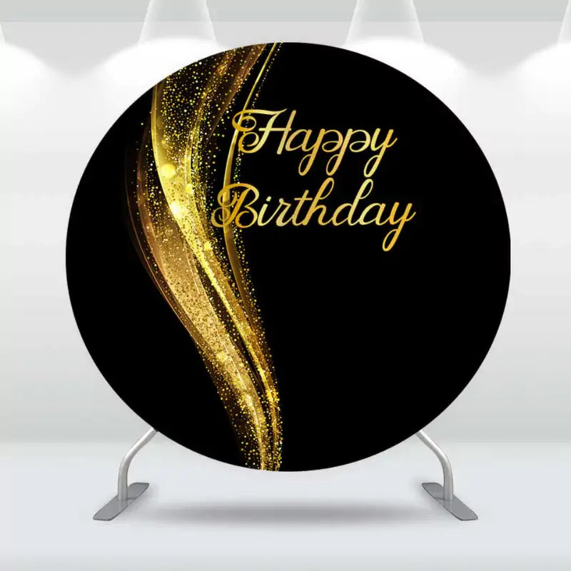 Elegant round "Happy Birthday" backdrop with a black background and gold glitter accents, perfect for luxury-themed birthday parties