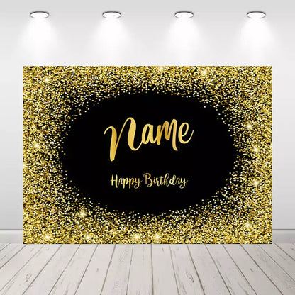 gold and black glitter birthday backdrop with customizable name