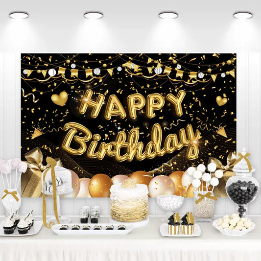 Chic birthday party backdrop with black and gold theme featuring golden balloons, hearts, and festive lights, ideal for elegant celebrations