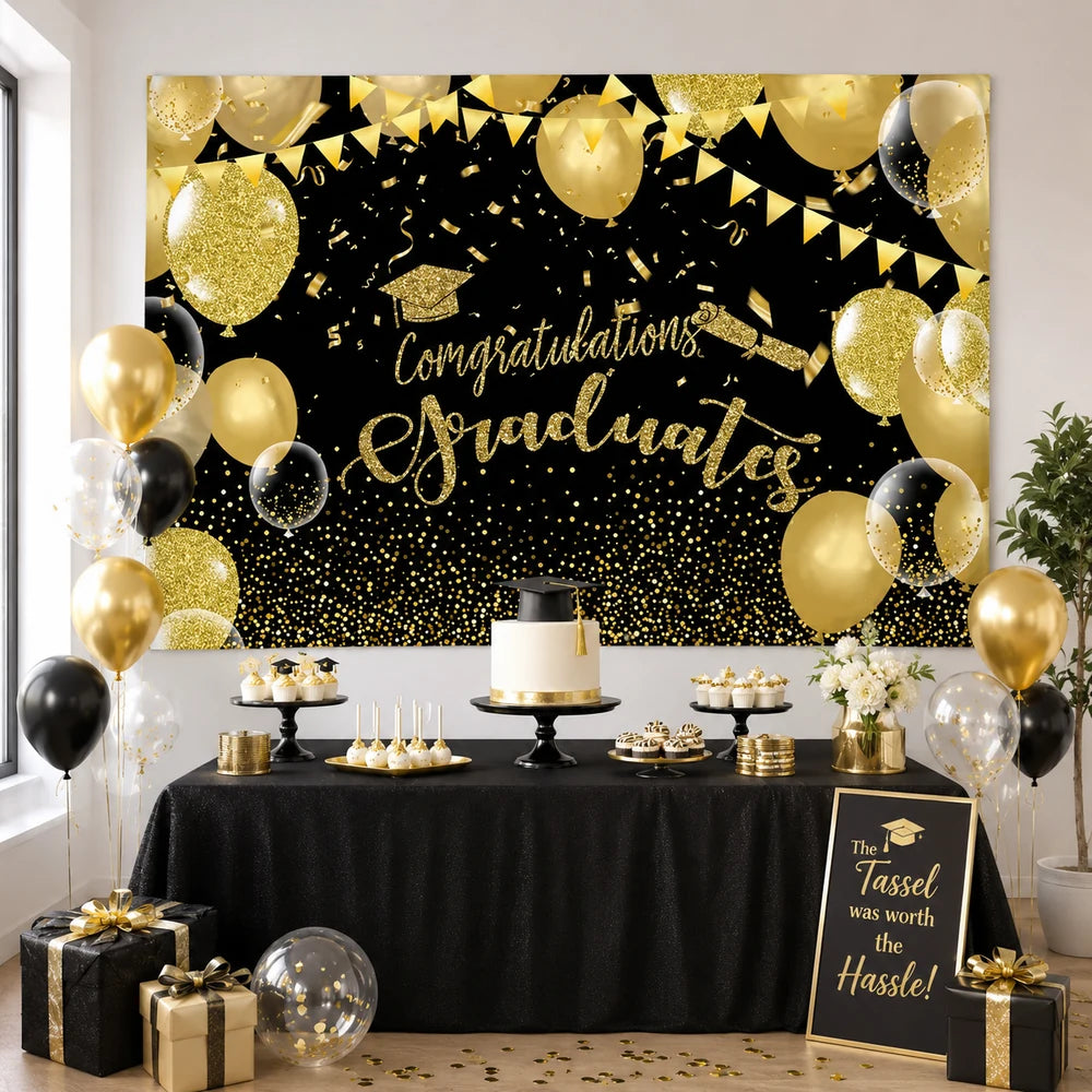 Black and gold Congratulations Graduate backdrop with balloons, graduation caps, glitter confetti and festive party details.