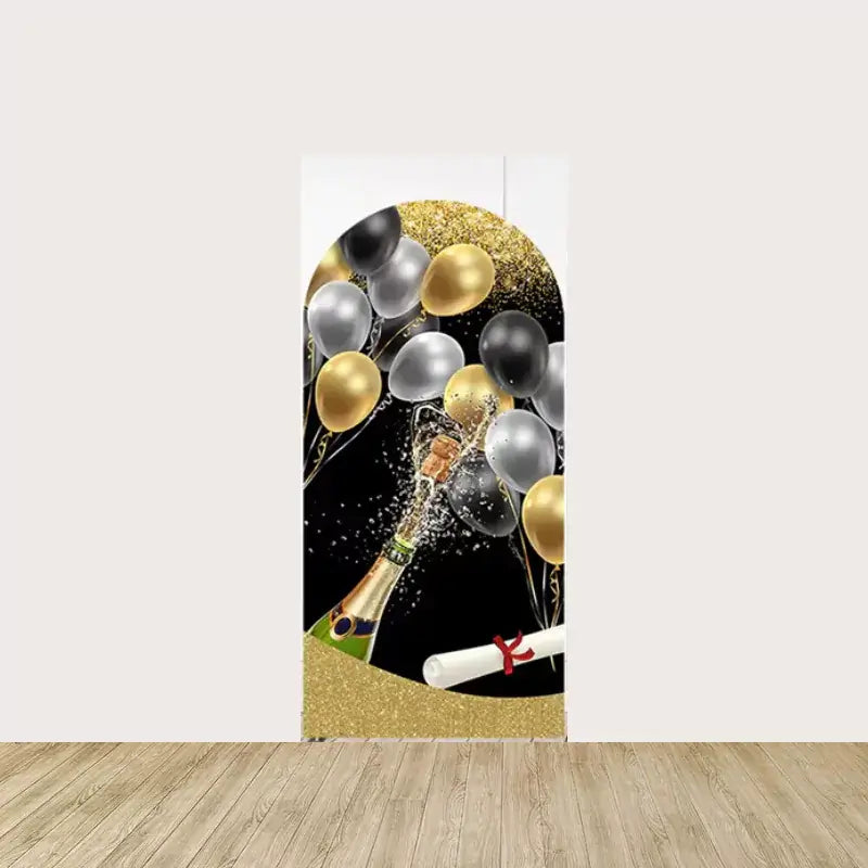 Black background adorned with gold and silver balloons, a champagne bottle popping, and a diploma, representing a celebratory graduation theme.