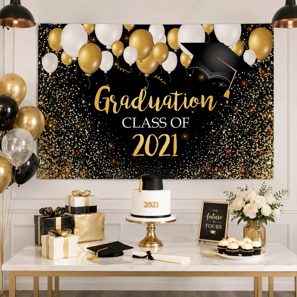 Black and gold Graduation Class of 2021 backdrop with balloons, glitter confetti and graduation cap design for a graduation party.