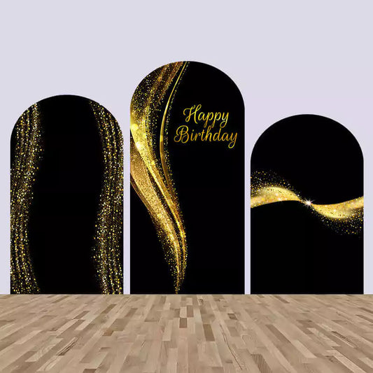 Three-panel black and gold Happy Birthday arch backdrop featuring glitter swirl designs and central “Happy Birthday” message in gold script.